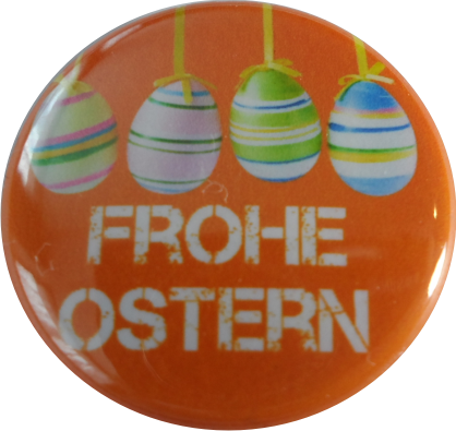 Frohe Ostern Button orange Ostereier